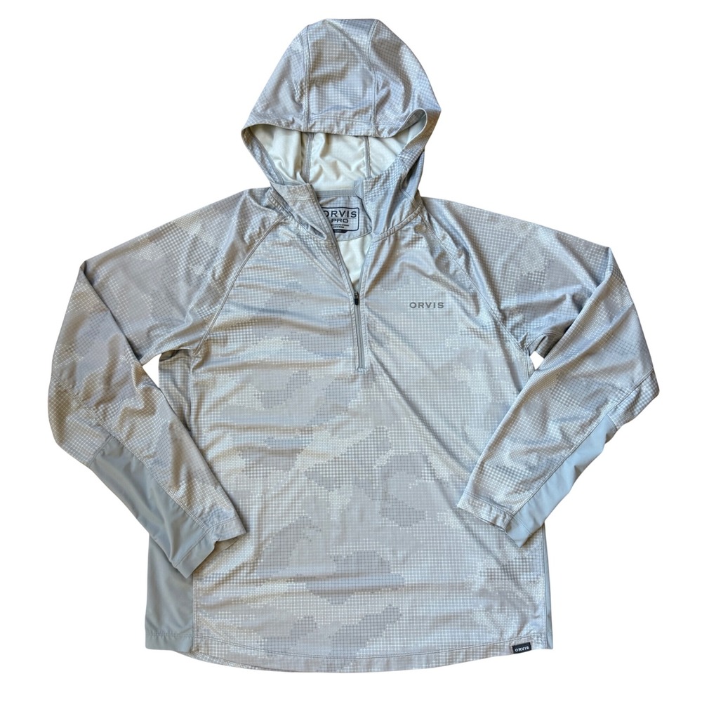 Orvis Pro Sun Hoodie Mens L Grey Camo Quarter Zip Performance Fishing Shirt